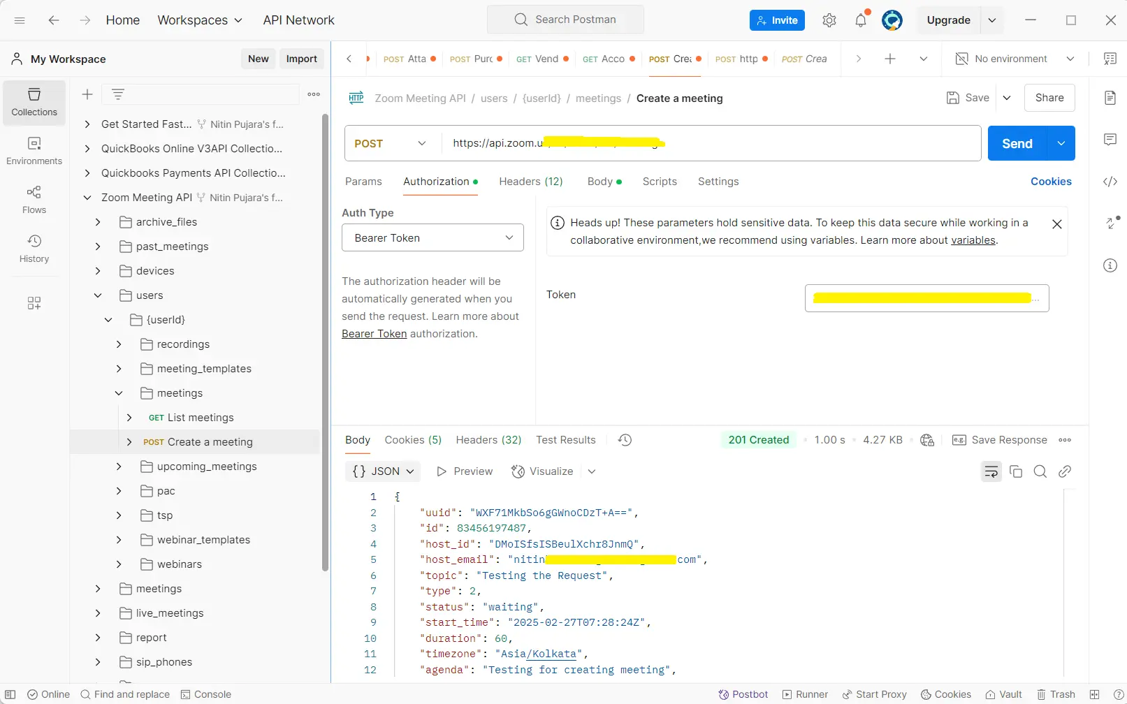create a meeting in Postman